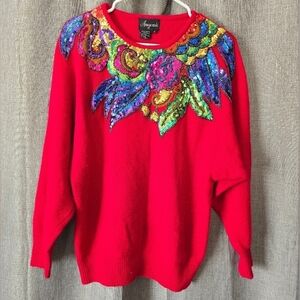 Angenie Lambswool Angora Rabbit Fur Red Sweater Sequined Size S Vintage